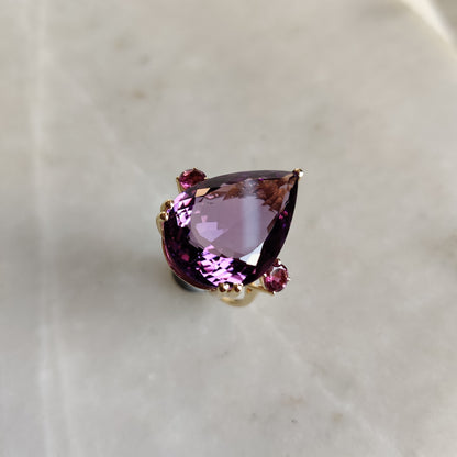 Natural Amethyst & Pink Tourmaline Ring, 14K Solid Yellow Gold Ring, Purple Amethyst Tourmaline Jewelry, February Birthstone, Christmas Gift