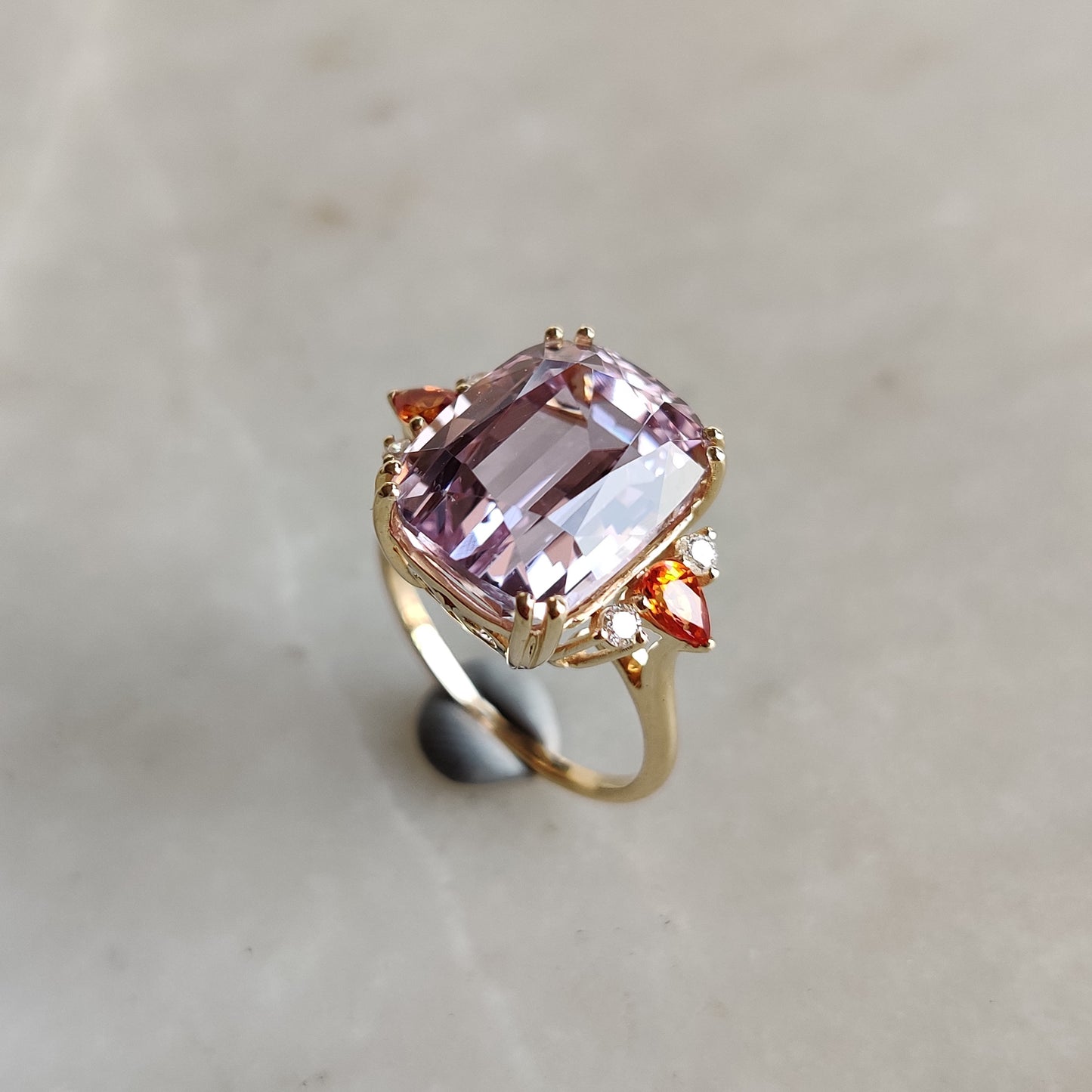 Natural Kunzite Diamond Sapphire Ring, 14K Gold Diamond Ring, Kunzite Diamond With Multi Sapphire Ring, Engagement Ring, October Birthstone