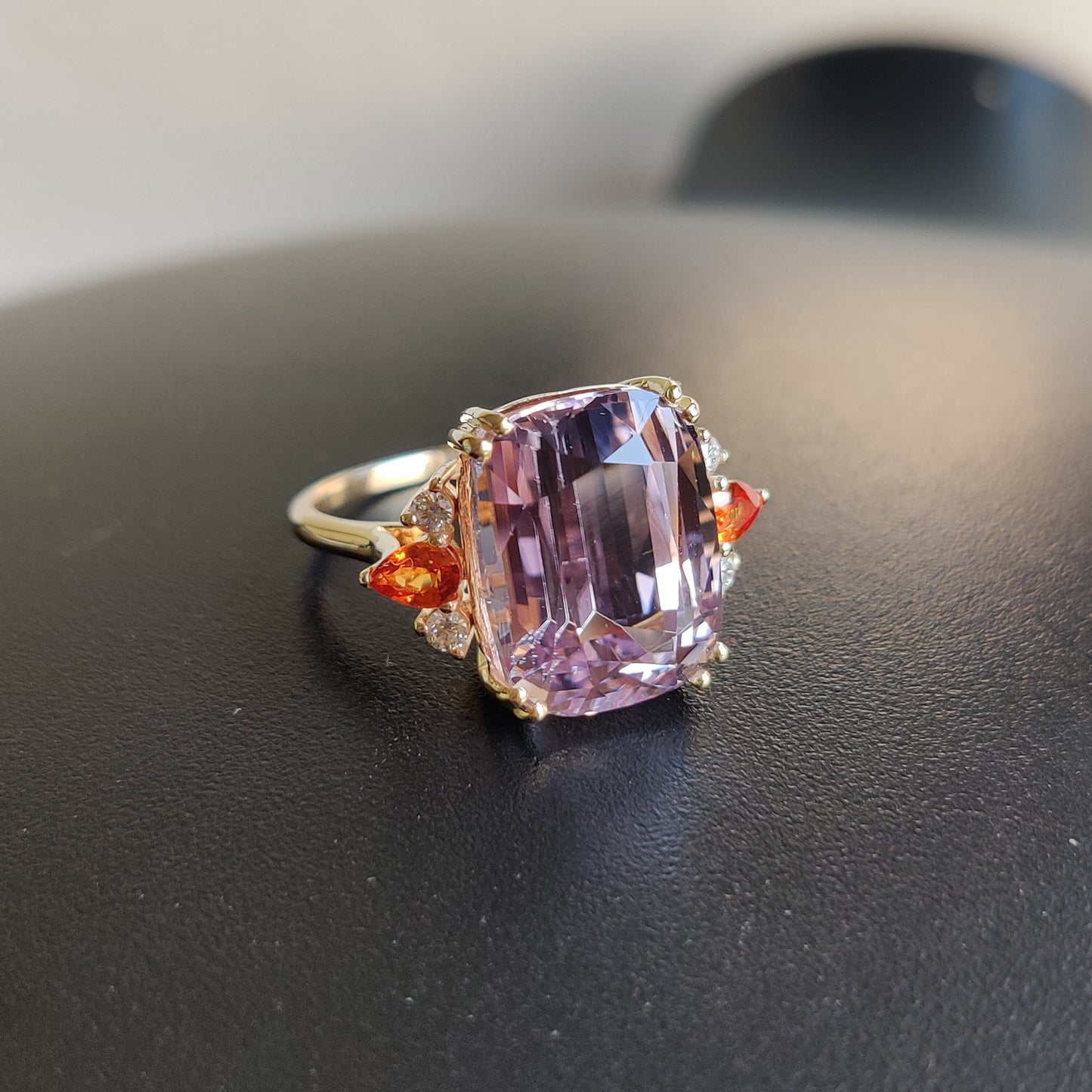 Natural Kunzite Diamond Sapphire Ring, 14K Gold Diamond Ring, Kunzite Diamond With Multi Sapphire Ring, Engagement Ring, October Birthstone