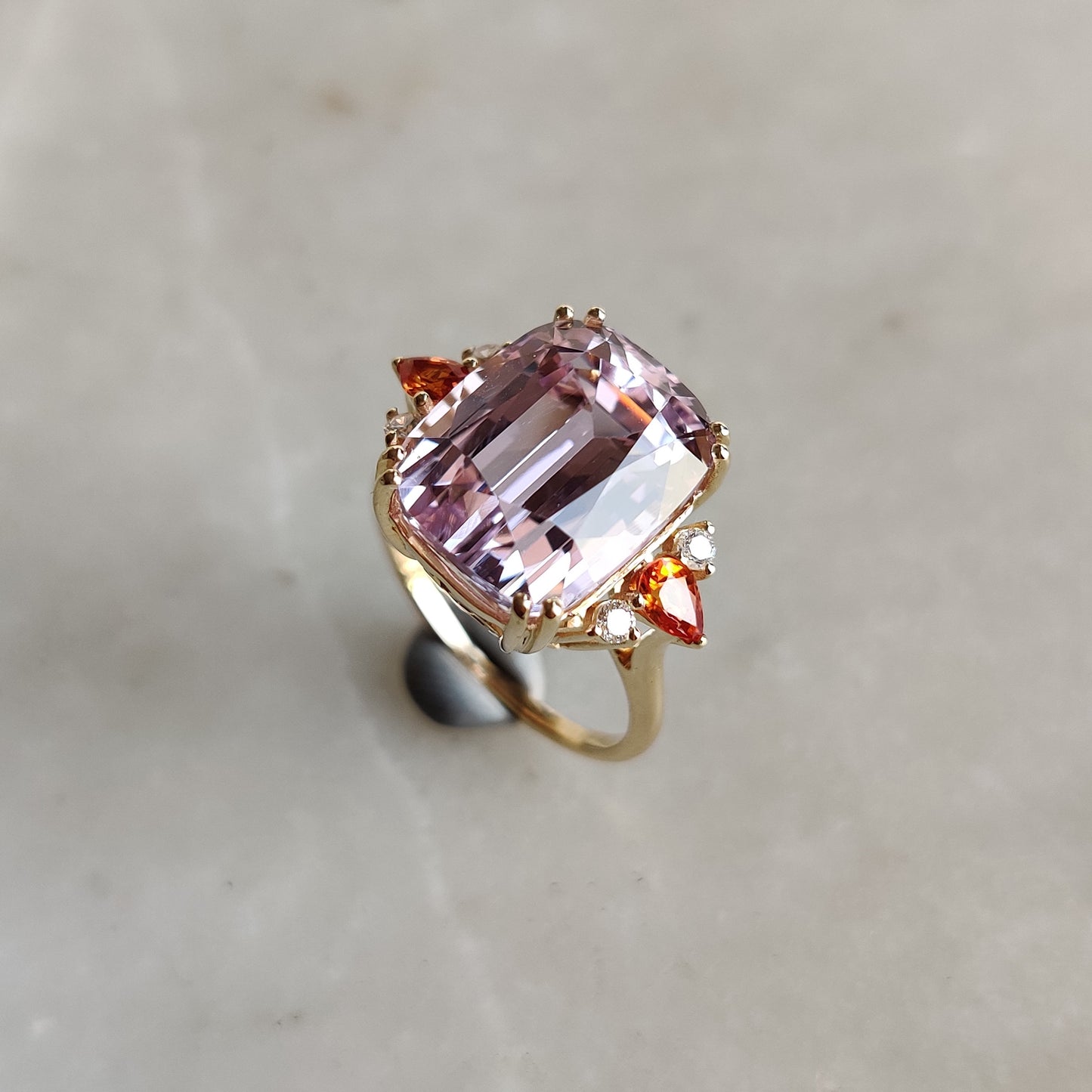 Natural Kunzite Diamond Sapphire Ring, 14K Gold Diamond Ring, Kunzite Diamond With Multi Sapphire Ring, Engagement Ring, October Birthstone