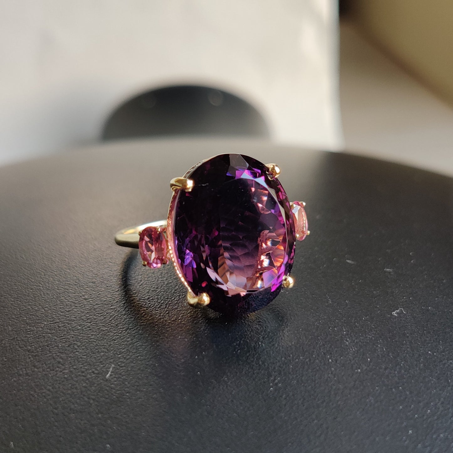 Natural Purple Amethyst & Pink Tourmaline Ring, 14K Solid Yellow Gold Ring, Amethyst Tourmaline Jewelry, February Birthstone Ring