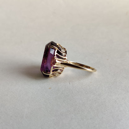 Natural Purple Amethyst & Pink Tourmaline Ring, 14K Solid Yellow Gold Ring, Amethyst Tourmaline Jewelry, February Birthstone Ring