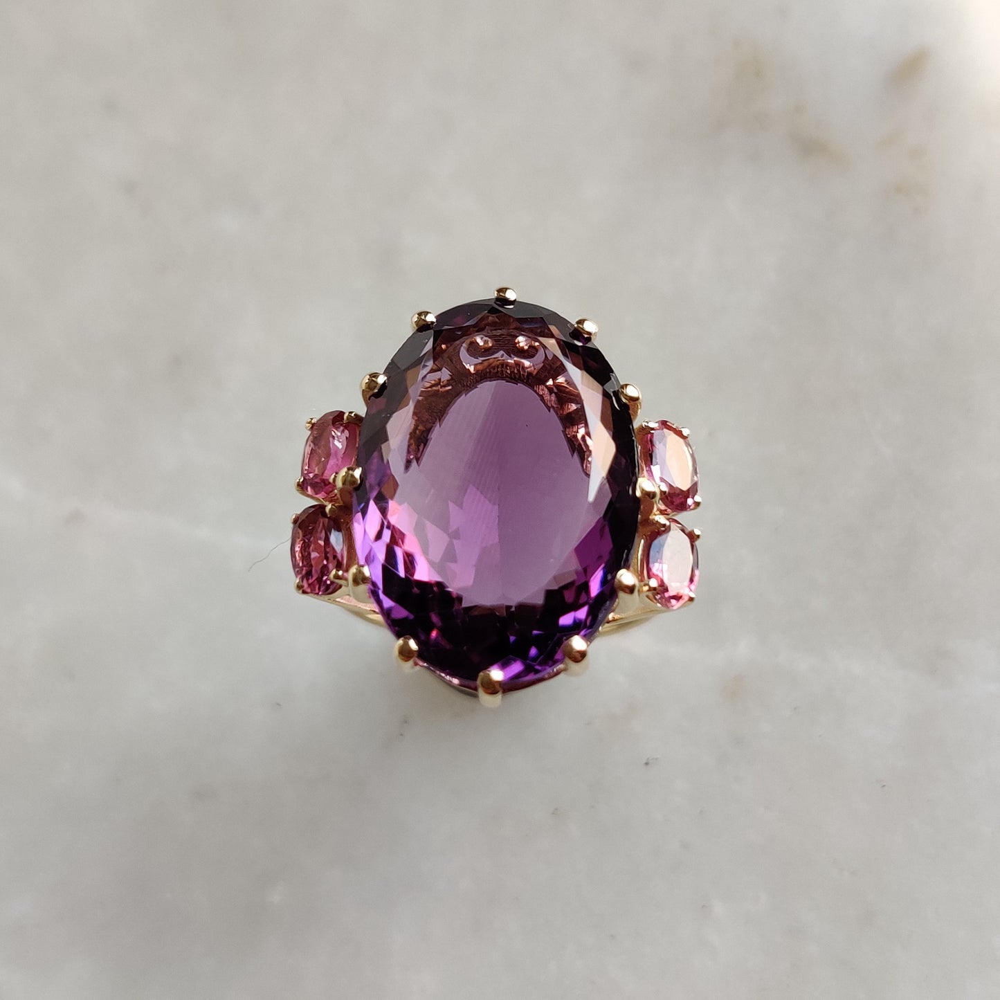 Natural Purple Amethyst & Pink Tourmaline Ring, 14K Solid Yellow Gold Ring, Purple Amethyst Jewelry, Cocktail Ring, Christmas Present