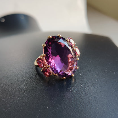 Natural Purple Amethyst & Pink Tourmaline Ring, 14K Solid Yellow Gold Ring, Purple Amethyst Jewelry, Cocktail Ring, Christmas Present