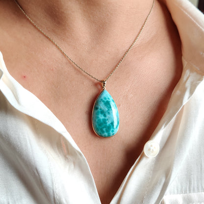 Natural Larimar Pendant, 14K Solid Gold Larimar Pendant, March Birthstone Pendant, Christmas Present, Larimar Jewelry