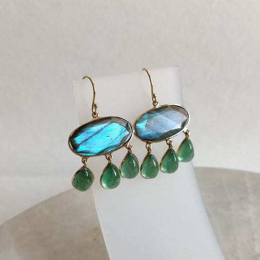 14K Gold Labradorite Earrings, Natural Labradorite With Aventurine Earrings, 14K Solid Gold Earrings, November Birthstone, Drop Earrings,