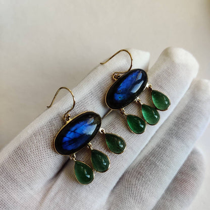 14K Gold Labradorite Earrings, Natural Labradorite With Aventurine Earrings, 14K Solid Gold Earrings, November Birthstone, Drop Earrings,