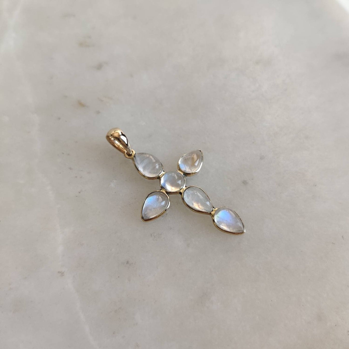 Natural Rainbow Moonstone Pendant, 14K Solid Yellow Gold Moonstone Pendant, Holy Cross Pendant, June Birthstone, Blue Moonstone Jewelry