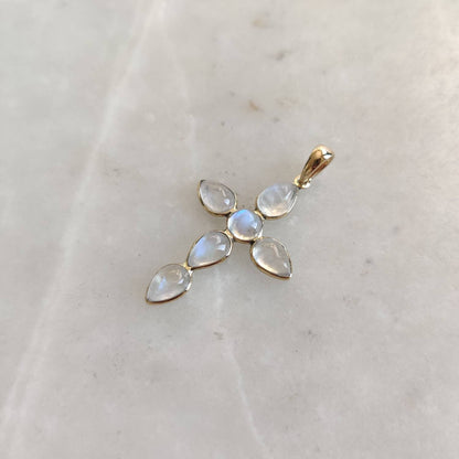 Natural Rainbow Moonstone Pendant, 14K Solid Yellow Gold Moonstone Pendant, Holy Cross Pendant, June Birthstone, Blue Moonstone Jewelry