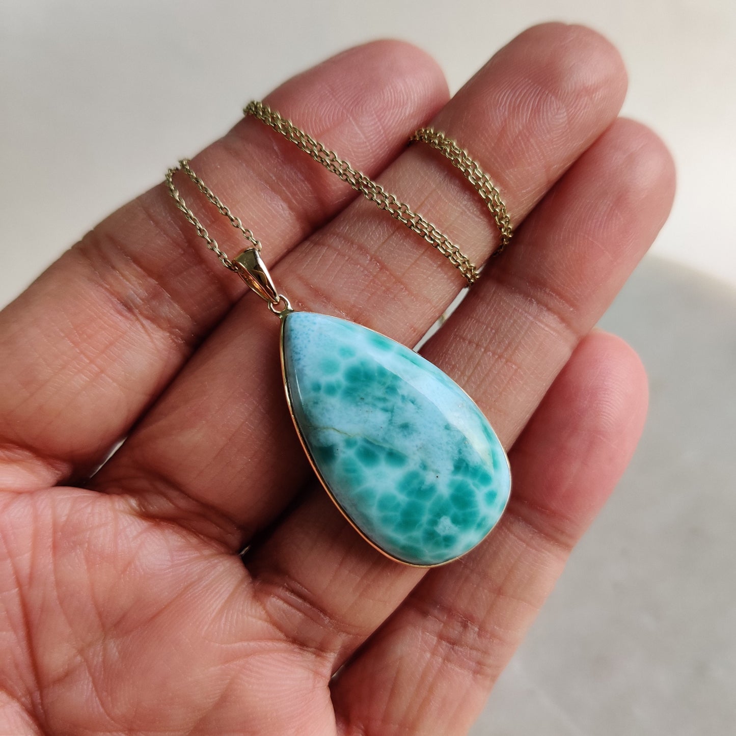 Natural Larimar Pendant, 14K Solid Gold Larimar Pendant, March Birthstone Pendant, Christmas Present, Larimar Jewelry