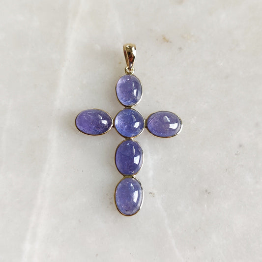 Natural Tanzanite Pendant, 14K Solid Yellow Gold Pendant, Tanzanite Jewelry, December Birthstone Pendant, Holy Cross Pendant, Christmas Gift