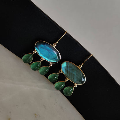 14K Gold Labradorite Earrings, Natural Labradorite With Aventurine Earrings, 14K Solid Gold Earrings, November Birthstone, Drop Earrings,