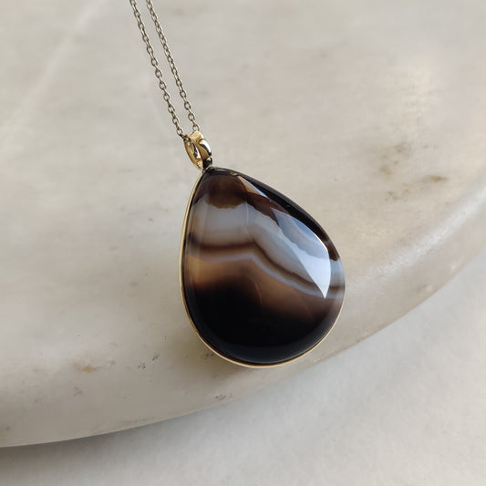 Natural Black Onyx Pendant, 14K Solid Gold Striped Black Onyx Pendant,Black Onyx Gold Pendant Necklace, December Birthstone, Christmas Gift,