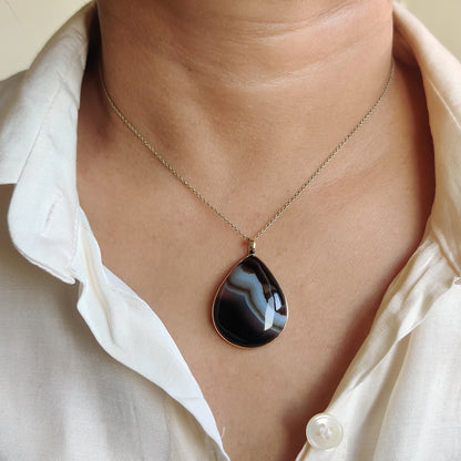 Natural Black Onyx Pendant, 14K Solid Gold Striped Black Onyx Pendant,Black Onyx Gold Pendant Necklace, December Birthstone, Christmas Gift,