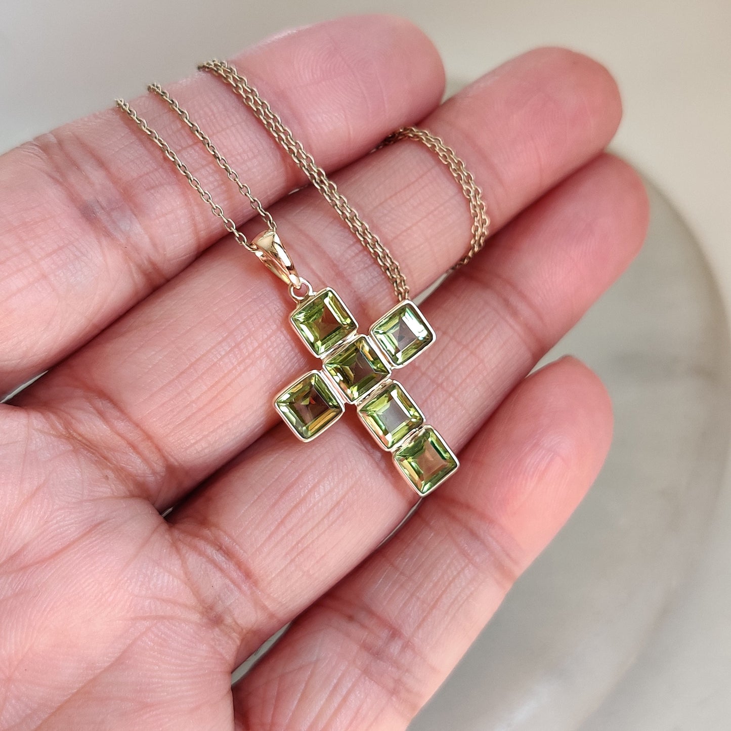 Natural Peridot Cross Pendant, 14K Solid Gold Peridot Cross Pendant, Solid Gold Bezel Pendant, August Birthstone, Holy Cross Pendant,