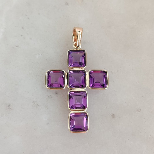 Natural Purple Amethyst Cross Pendant, 14K Solid Yellow Gold Cross Pendant, Religious Pendant, February Birthstone, Holy Cross Pendant