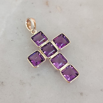 Natural Purple Amethyst Cross Pendant, 14K Solid Yellow Gold Cross Pendant, Religious Pendant, February Birthstone, Holy Cross Pendant