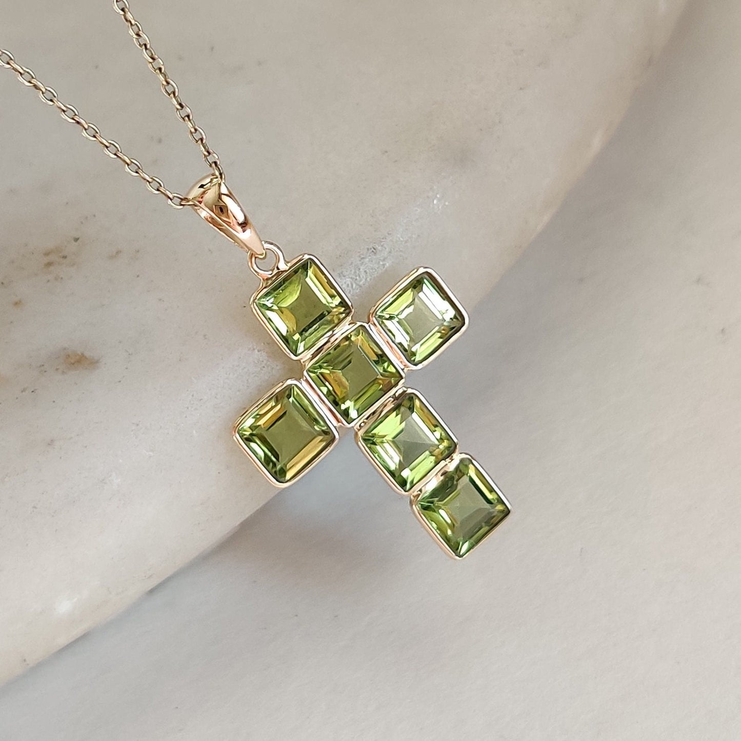 Natural Peridot Cross Pendant, 14K Solid Gold Peridot Cross Pendant, Solid Gold Bezel Pendant, August Birthstone, Holy Cross Pendant,