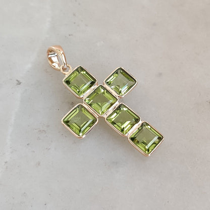 Natural Peridot Cross Pendant, 14K Solid Gold Peridot Cross Pendant, Solid Gold Bezel Pendant, August Birthstone, Holy Cross Pendant,