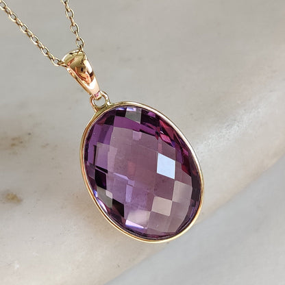 Colgante de amatista violeta natural, colgante de amatista violeta de oro macizo de 14 quilates, collar con colgante de oro macizo, piedra natal de febrero, regalo de Navidad