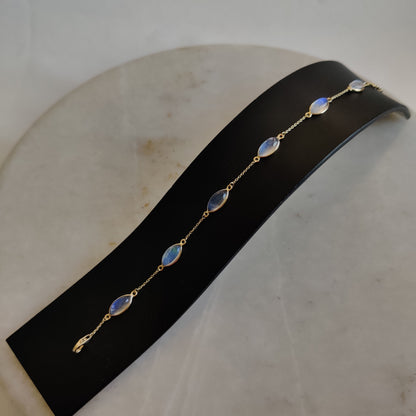 Natural Rainbow Moonstone Bracelet, 14K Yellow Gold Moonstone Bracelet, Solid Gold Chain Bracelet, Blue Moonstone Bracelet, June Birthstone