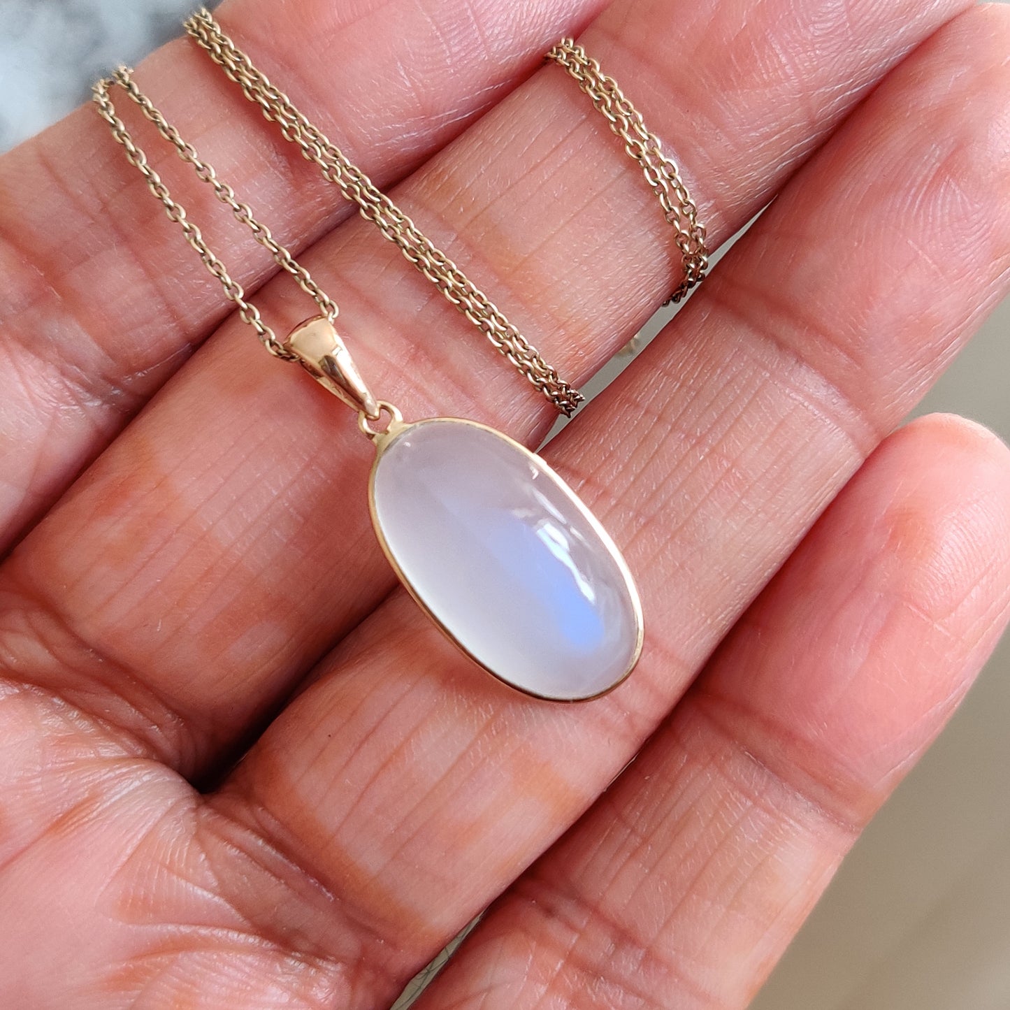 Natural Rainbow Moonstone Necklace, 14K Solid Yelloe Gold Moonstone Pendant, Blue Moonstone Jewelry, Christmas Gift, June Birthstone