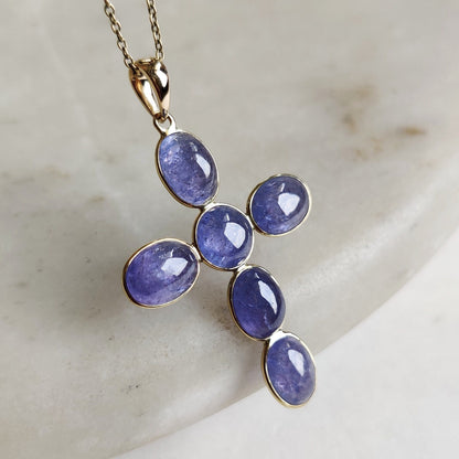 Natural Tanzanite Pendant, 14K Solid Yellow Gold Pendant, Tanzanite Jewelry, December Birthstone Pendant, Holy Cross Pendant, Christmas Gift