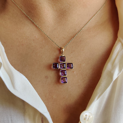 Natural Purple Amethyst Cross Pendant, 14K Solid Yellow Gold Cross Pendant, Religious Pendant, February Birthstone, Holy Cross Pendant