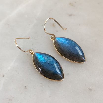 14K Gold Labradorite Earrings, Natural Labradorite Bezel Earrings, 14K Solid Yellow Gold Earrings, November Birthstone, Labradorite Jewelry