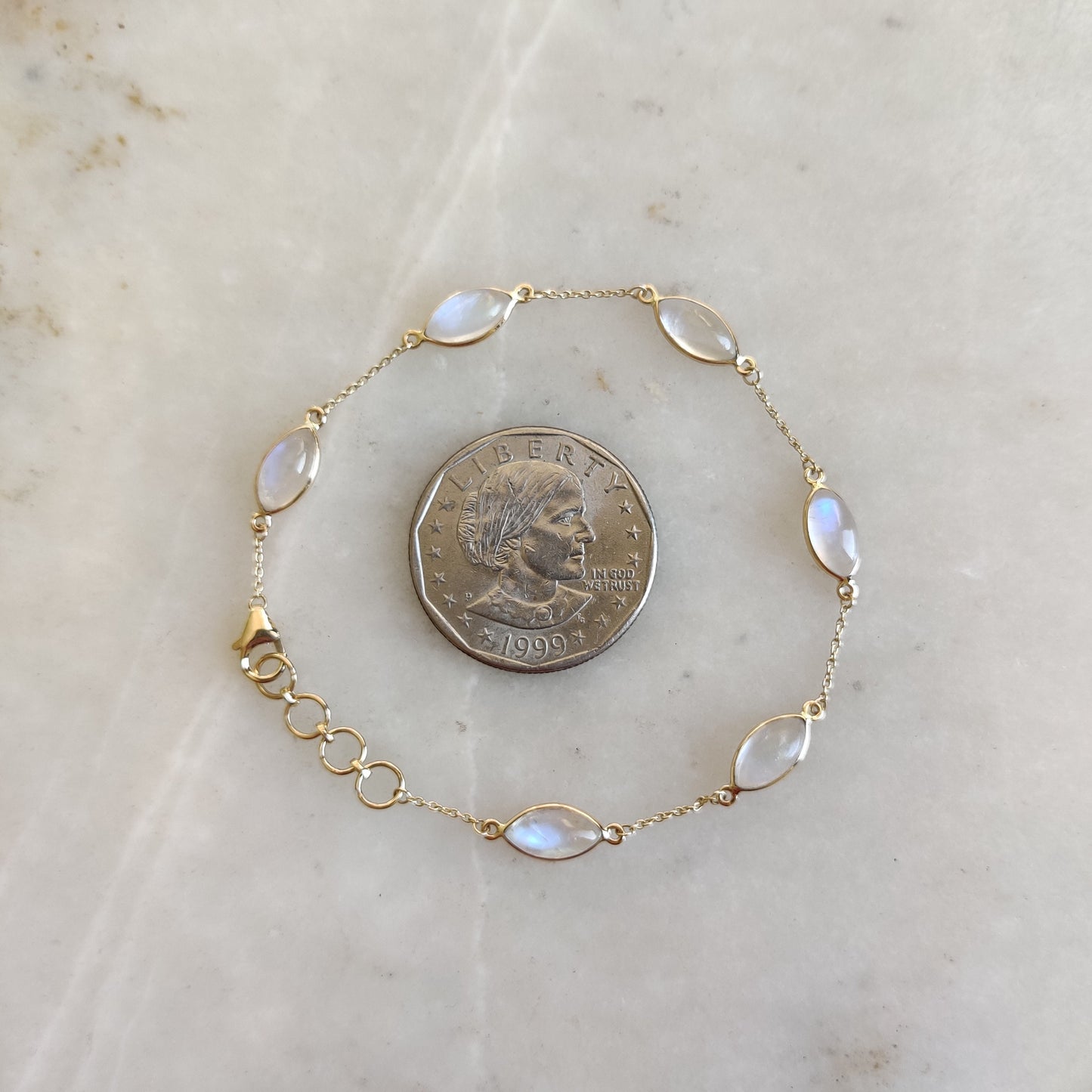 Natural Rainbow Moonstone Bracelet, 14K Yellow Gold Moonstone Bracelet, Solid Gold Chain Bracelet, Blue Moonstone Bracelet, June Birthstone