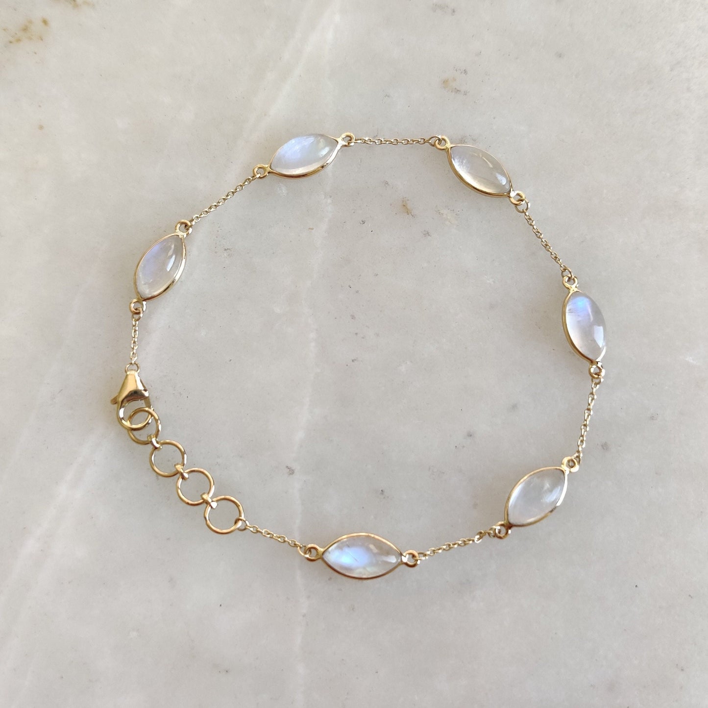 Natural Rainbow Moonstone Bracelet, 14K Yellow Gold Moonstone Bracelet, Solid Gold Chain Bracelet, Blue Moonstone Bracelet, June Birthstone