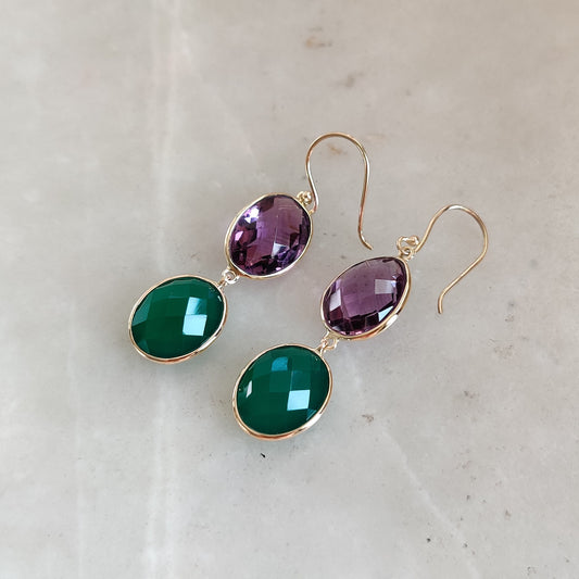 Natural Purple Amethyst & Green Onyx Earrings, 14K Solid Yellow Gold Earrings, February May Birthstone Earrings, Christmas Present