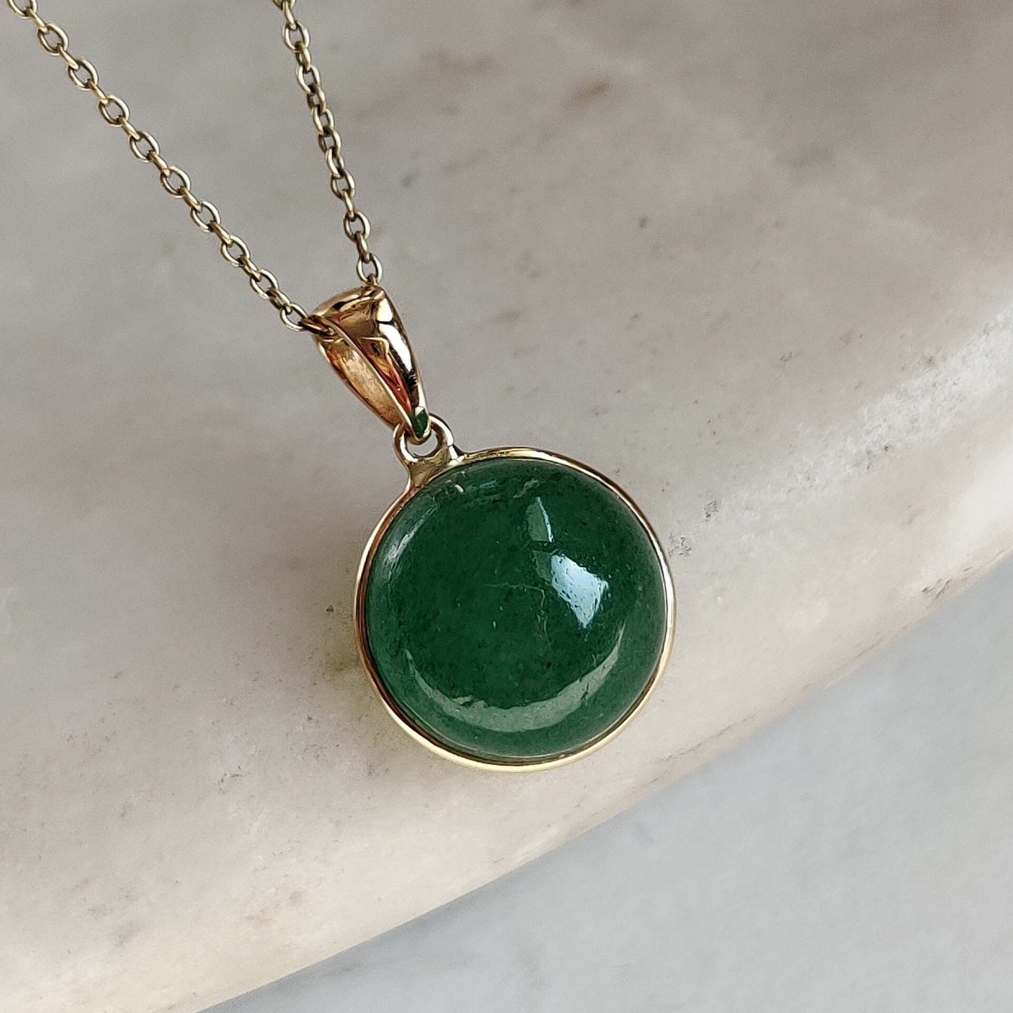 14K Gold Green Aventurine Pendant, Strawberry Quartz Bezel Pendant, 14K Solid Yellow Gold Pendant, Green Aventurine Jewelry, May Birthstone