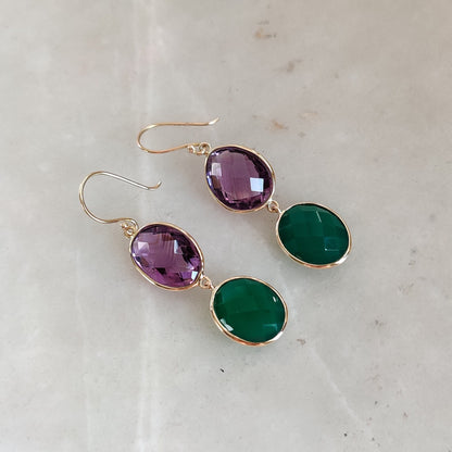 Natural Purple Amethyst & Green Onyx Earrings, 14K Solid Yellow Gold Earrings, February May Birthstone Earrings, Christmas Present