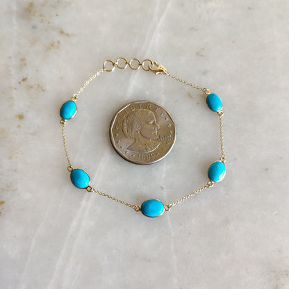 Natural Sleeping Beauty Turquoise Bracelet, 14K Solid Yellow Gold Bracelet, Arizona Turquoise Bracelet, Bezel Set Turquoise Bracelet