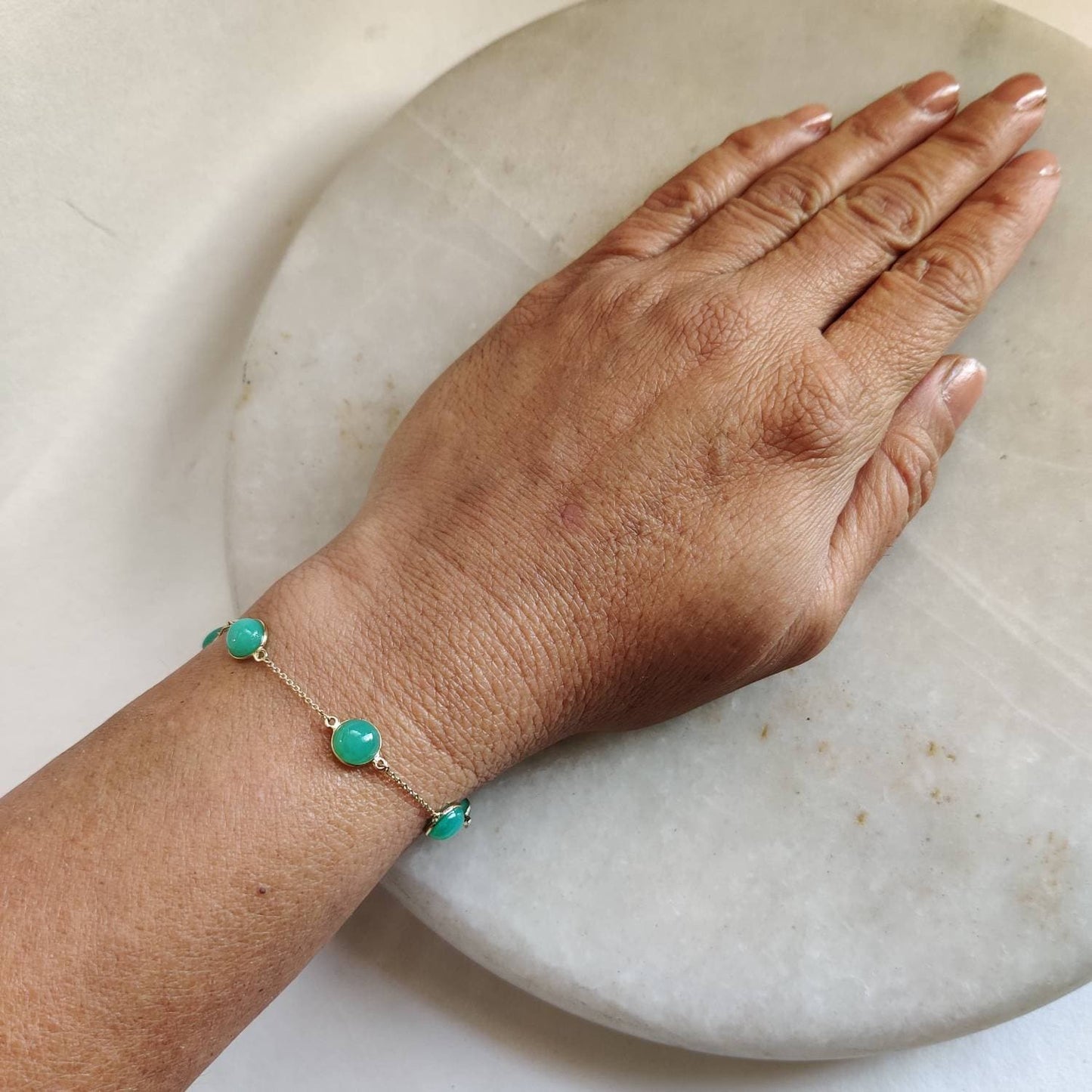 Natural Chrysoprase Bracelet, 14K Yellow Gold Chrysoprase Bracelet, Chain Bracelet, Dainty Bracelet, May Birthstone, Chrysoprase Bracelet