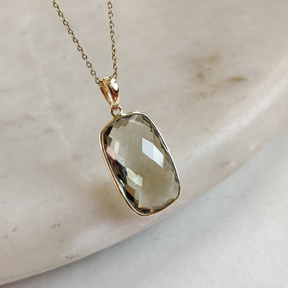 Natural Green Amethyst Pendant, 14K Solid Yellow Gold Green Amethyst Pendant, Solid Gold Bezel Pendant, February Birthstone, Christmas Gift