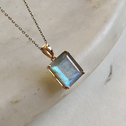 Natural Labradorite Pendant, 14K Solid Yellow Gold Pendant, August Birthstone Pendant, Octagon Pendant, Christmas Gift, Labradorite Jewelry