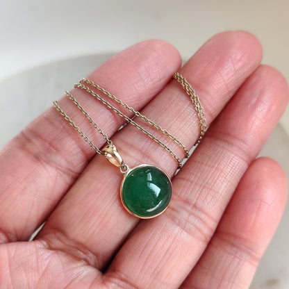 14K Gold Green Aventurine Pendant, Strawberry Quartz Bezel Pendant, 14K Solid Yellow Gold Pendant, Green Aventurine Jewelry, May Birthstone