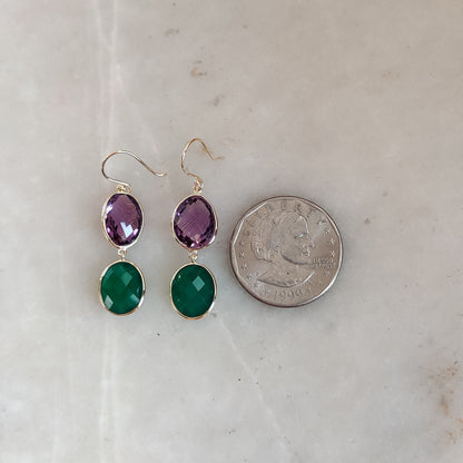 Natural Purple Amethyst & Green Onyx Earrings, 14K Solid Yellow Gold Earrings, February May Birthstone Earrings, Christmas Present