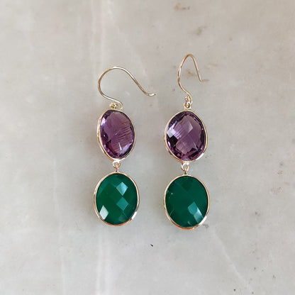 Natural Purple Amethyst & Green Onyx Earrings, 14K Solid Yellow Gold Earrings, February May Birthstone Earrings, Christmas Present