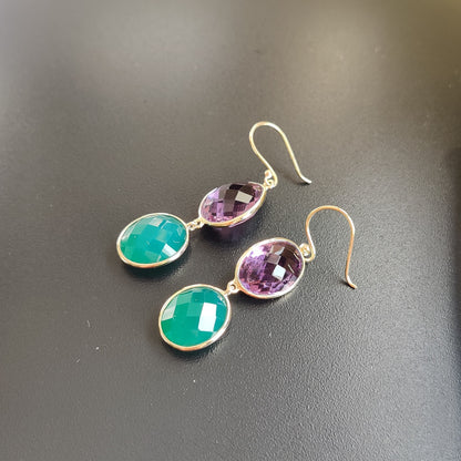 Natural Purple Amethyst & Green Onyx Earrings, 14K Solid Yellow Gold Earrings, February May Birthstone Earrings, Christmas Present