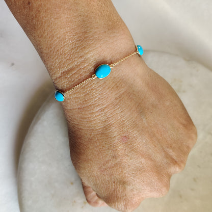 Natural Sleeping Beauty Turquoise Bracelet, 14K Solid Yellow Gold Bracelet, Arizona Turquoise Bracelet, Bezel Set Turquoise Bracelet