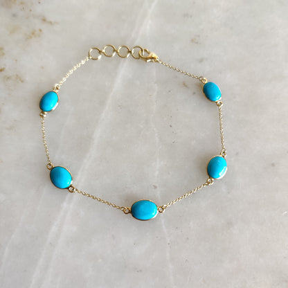 Natural Sleeping Beauty Turquoise Bracelet, 14K Solid Yellow Gold Bracelet, Arizona Turquoise Bracelet, Bezel Set Turquoise Bracelet