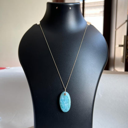 Natural Larimar Pendant, 14K Solid Gold Larimar Pendant, Solid Gold Larimar Drill Pendant Necklace, March Birthstone, Christmas Gift