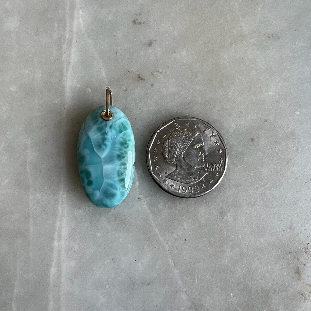 Natural Larimar Pendant, 14K Solid Gold Larimar Pendant, Solid Gold Larimar Drill Pendant Necklace, March Birthstone, Christmas Gift