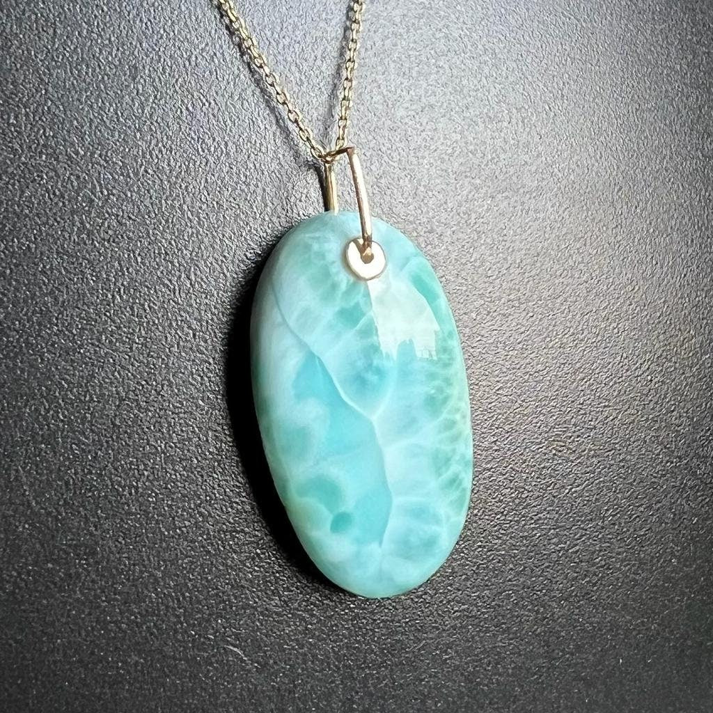 Natural Larimar Pendant, 14K Solid Gold Larimar Pendant, Solid Gold Larimar Drill Pendant Necklace, March Birthstone, Christmas Gift