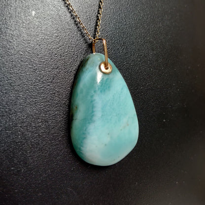 Natural Larimar Pendant, 14K Solid Gold Larimar Pendant, Solid Gold Larimar Drill Pendant Necklace, March Birthstone, Christmas Gift