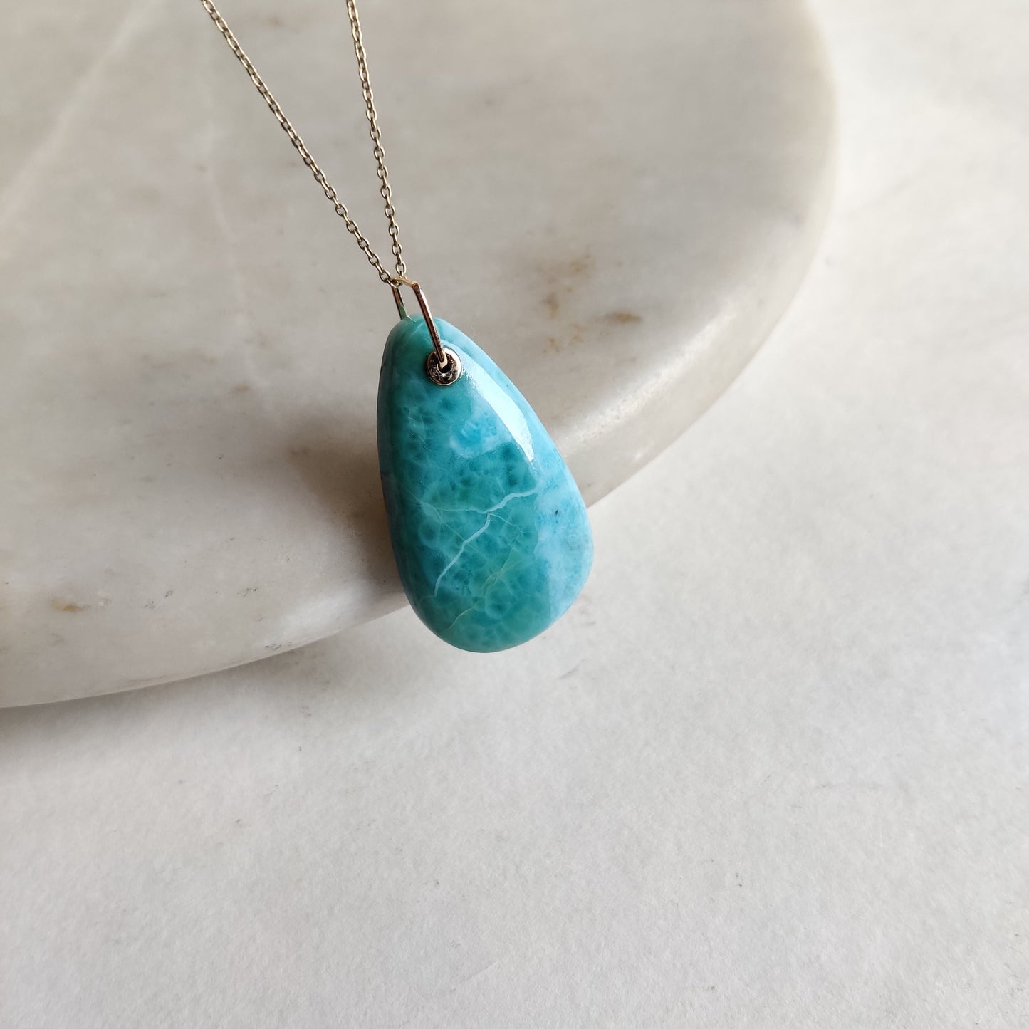 Natural Larimar Pendant, 14K Solid Gold Larimar Pendant, Solid Gold Larimar Drill Pendant Necklace, March Birthstone, Anniversary Gift