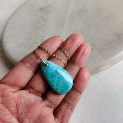 Natural Larimar Pendant, 14K Solid Gold Larimar Pendant, Solid Gold Larimar Drill Pendant Necklace, March Birthstone, Anniversary Gift